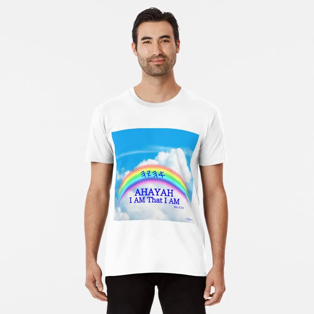 A man wearing a t - shirt with the creator Ahayah and a rainbow in the background.